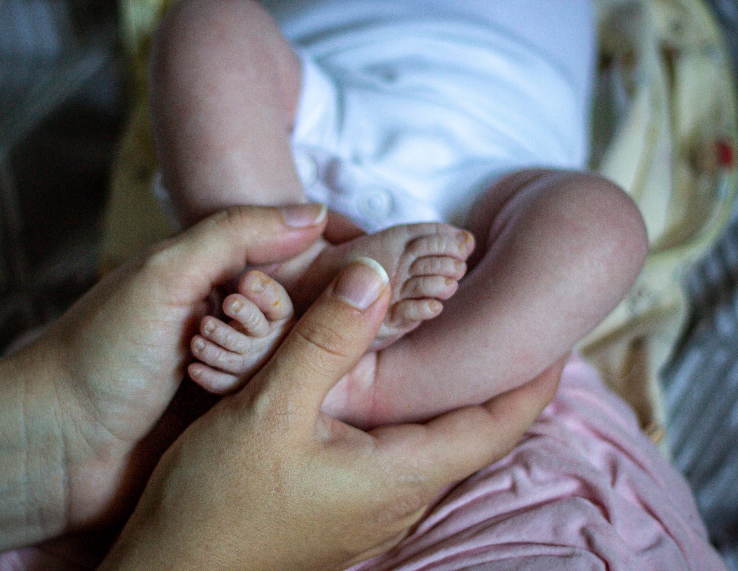 A close-up of tiny newborn feet being cradled during a fresh 48 photography session, emphasizing the quiet beauty of first-day details.