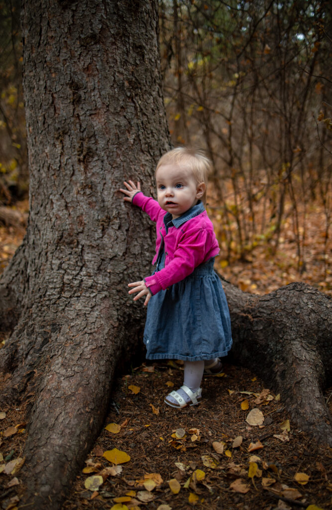 Curious toddler in a denim dress and pink sweater standing beside a large tree trunk in an autumn forest.