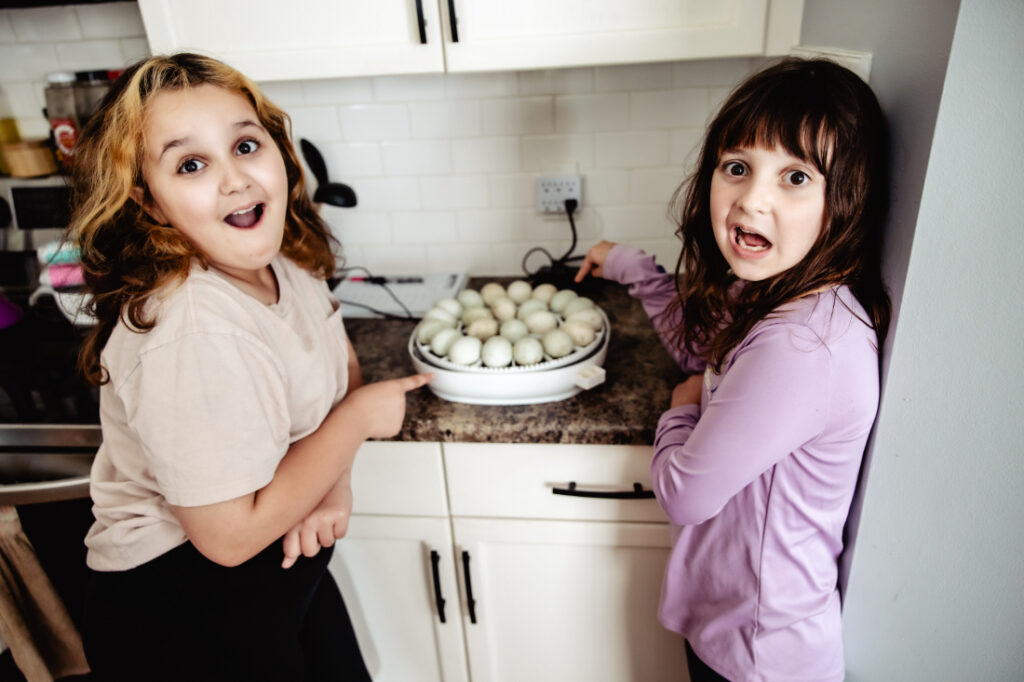 Children eagerly pointing at incubating duck eggs during a family learning experience